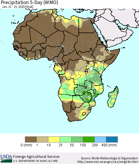 Africa Precipitation 5-Day (WMO) Thematic Map For 1/11/2020 - 1/15/2020