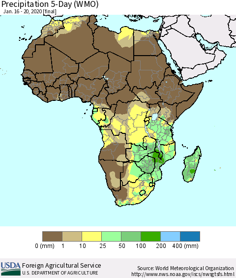 Africa Precipitation 5-Day (WMO) Thematic Map For 1/16/2020 - 1/20/2020