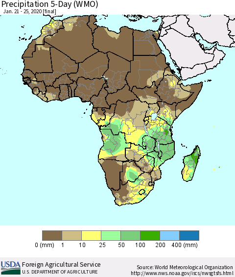 Africa Precipitation 5-Day (WMO) Thematic Map For 1/21/2020 - 1/25/2020