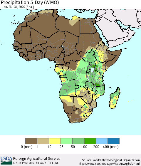 Africa Precipitation 5-Day (WMO) Thematic Map For 1/26/2020 - 1/31/2020