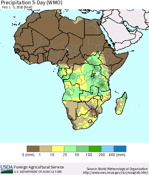 Africa Precipitation 5-Day (WMO) Thematic Map For 2/1/2020 - 2/5/2020