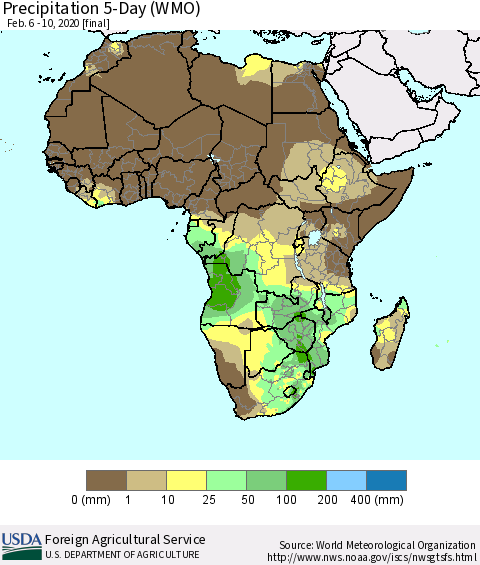 Africa Precipitation 5-Day (WMO) Thematic Map For 2/6/2020 - 2/10/2020