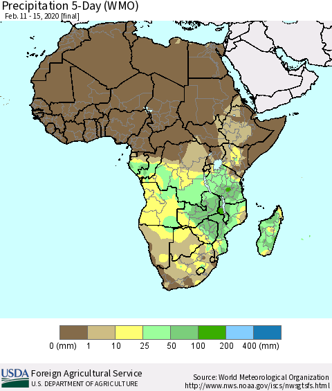 Africa Precipitation 5-Day (WMO) Thematic Map For 2/11/2020 - 2/15/2020
