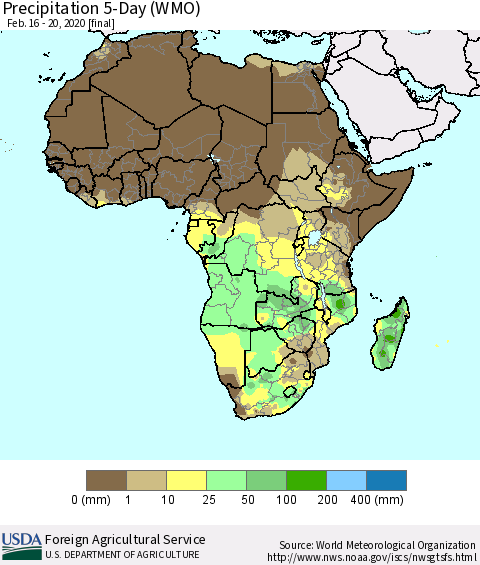 Africa Precipitation 5-Day (WMO) Thematic Map For 2/16/2020 - 2/20/2020