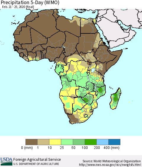 Africa Precipitation 5-Day (WMO) Thematic Map For 2/21/2020 - 2/25/2020
