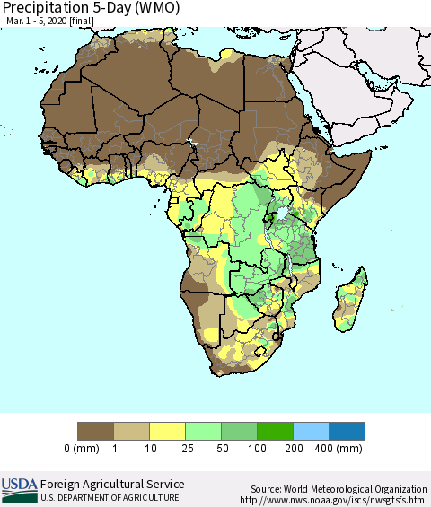 Africa Precipitation 5-Day (WMO) Thematic Map For 3/1/2020 - 3/5/2020