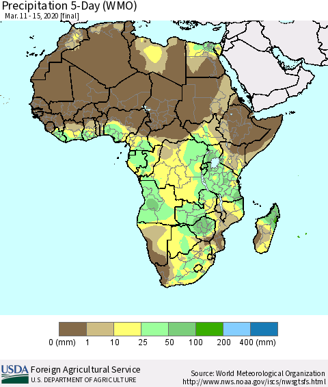Africa Precipitation 5-Day (WMO) Thematic Map For 3/11/2020 - 3/15/2020