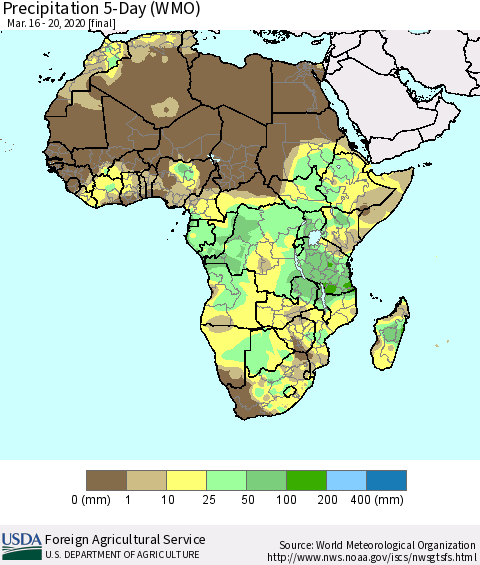 Africa Precipitation 5-Day (WMO) Thematic Map For 3/16/2020 - 3/20/2020