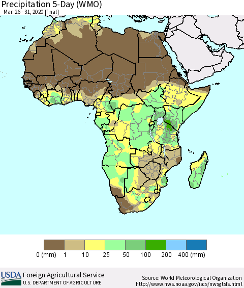 Africa Precipitation 5-Day (WMO) Thematic Map For 3/26/2020 - 3/31/2020