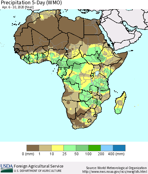 Africa Precipitation 5-Day (WMO) Thematic Map For 4/6/2020 - 4/10/2020