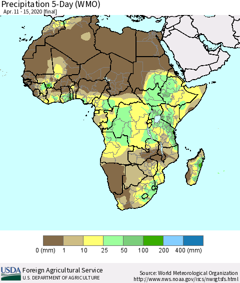 Africa Precipitation 5-Day (WMO) Thematic Map For 4/11/2020 - 4/15/2020