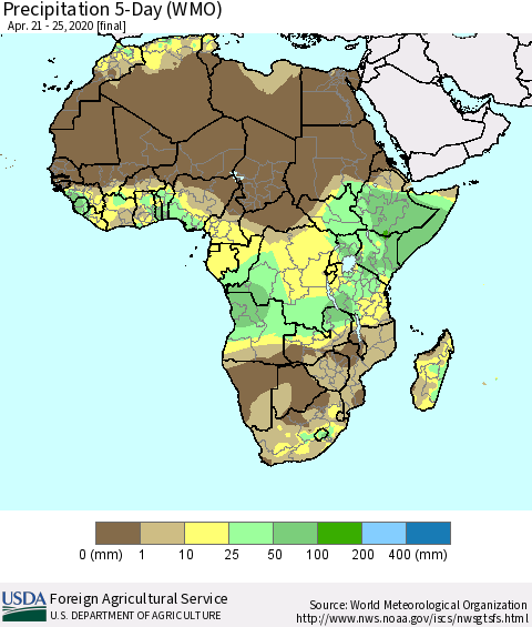 Africa Precipitation 5-Day (WMO) Thematic Map For 4/21/2020 - 4/25/2020