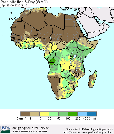 Africa Precipitation 5-Day (WMO) Thematic Map For 4/26/2020 - 4/30/2020