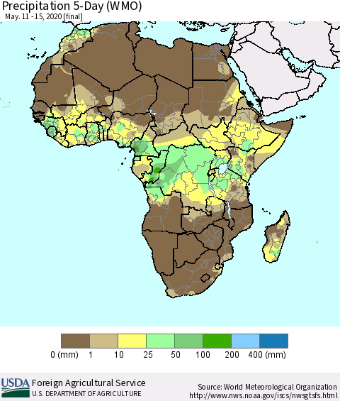 Africa Precipitation 5-Day (WMO) Thematic Map For 5/11/2020 - 5/15/2020