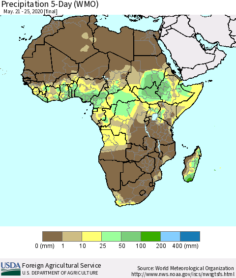 Africa Precipitation 5-Day (WMO) Thematic Map For 5/21/2020 - 5/25/2020