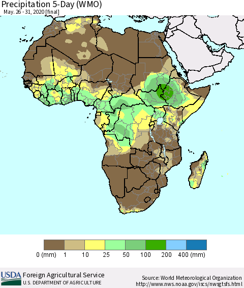 Africa Precipitation 5-Day (WMO) Thematic Map For 5/26/2020 - 5/31/2020
