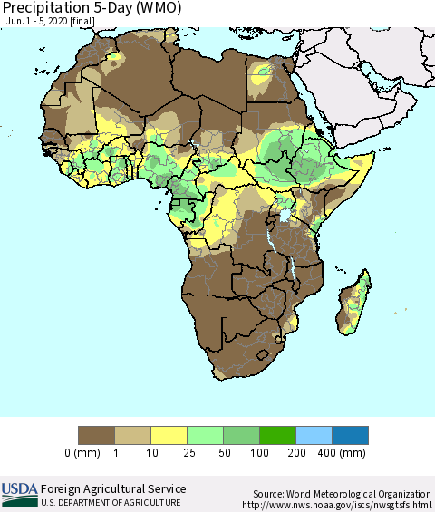 Africa Precipitation 5-Day (WMO) Thematic Map For 6/1/2020 - 6/5/2020