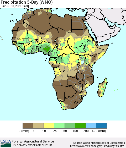 Africa Precipitation 5-Day (WMO) Thematic Map For 6/6/2020 - 6/10/2020