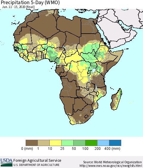 Africa Precipitation 5-Day (WMO) Thematic Map For 6/11/2020 - 6/15/2020