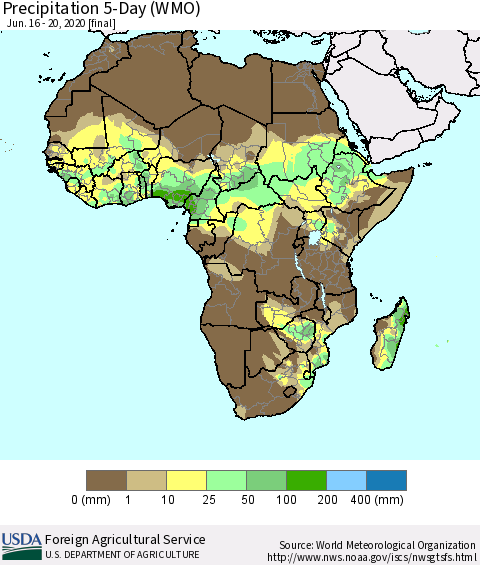 Africa Precipitation 5-Day (WMO) Thematic Map For 6/16/2020 - 6/20/2020
