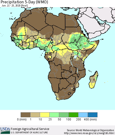 Africa Precipitation 5-Day (WMO) Thematic Map For 6/21/2020 - 6/25/2020