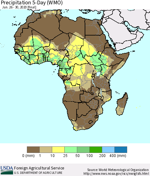Africa Precipitation 5-Day (WMO) Thematic Map For 6/26/2020 - 6/30/2020