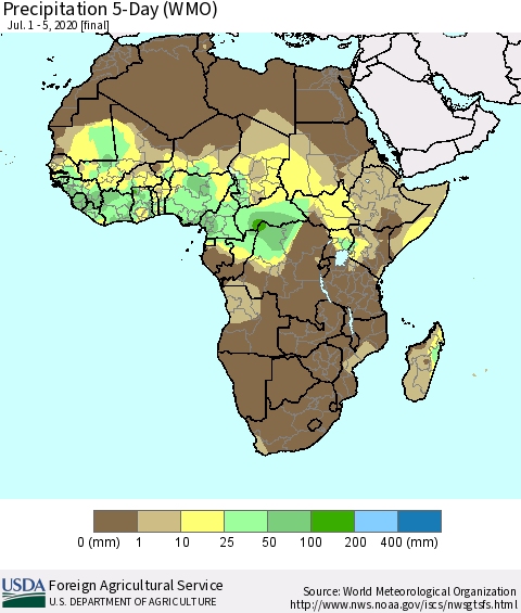 Africa Precipitation 5-Day (WMO) Thematic Map For 7/1/2020 - 7/5/2020