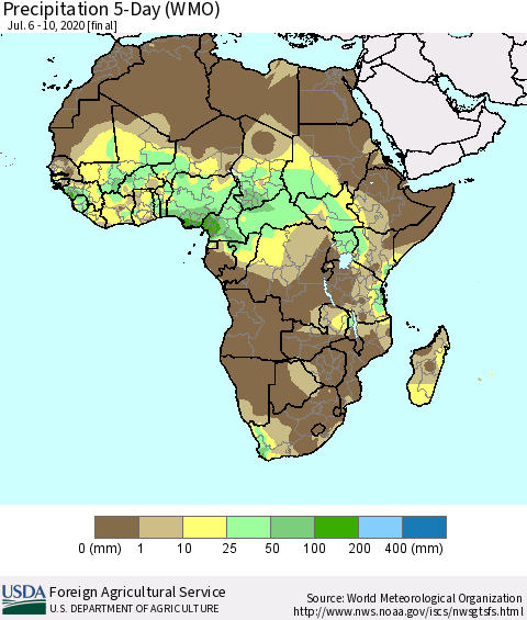 Africa Precipitation 5-Day (WMO) Thematic Map For 7/6/2020 - 7/10/2020