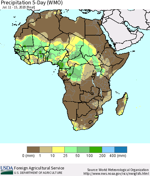 Africa Precipitation 5-Day (WMO) Thematic Map For 7/11/2020 - 7/15/2020