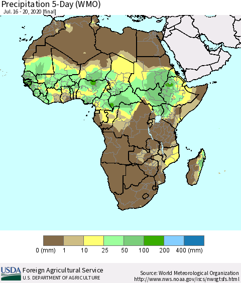 Africa Precipitation 5-Day (WMO) Thematic Map For 7/16/2020 - 7/20/2020