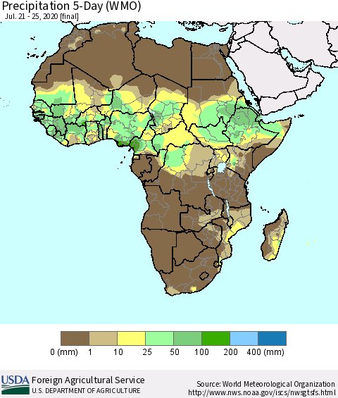 Africa Precipitation 5-Day (WMO) Thematic Map For 7/21/2020 - 7/25/2020