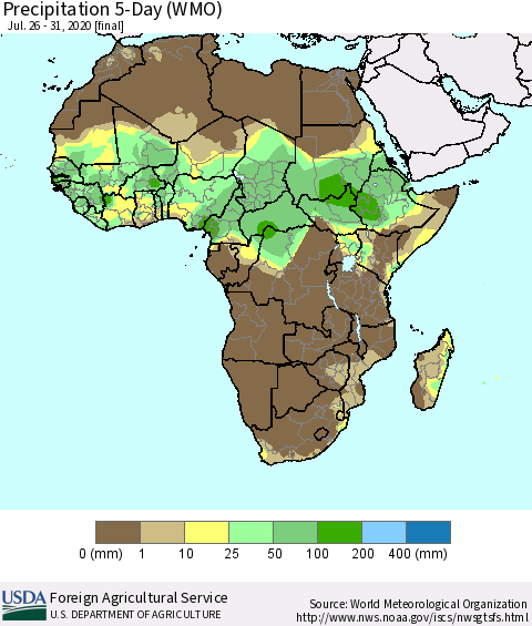 Africa Precipitation 5-Day (WMO) Thematic Map For 7/26/2020 - 7/31/2020