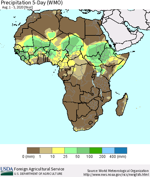Africa Precipitation 5-Day (WMO) Thematic Map For 8/1/2020 - 8/5/2020