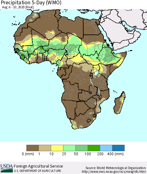 Africa Precipitation 5-Day (WMO) Thematic Map For 8/6/2020 - 8/10/2020