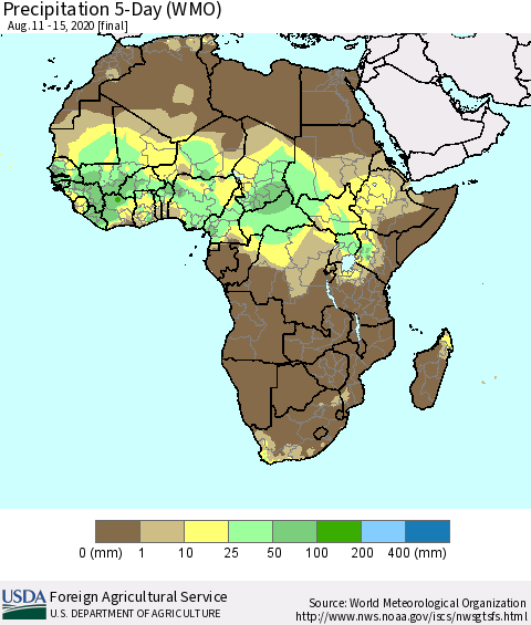 Africa Precipitation 5-Day (WMO) Thematic Map For 8/11/2020 - 8/15/2020