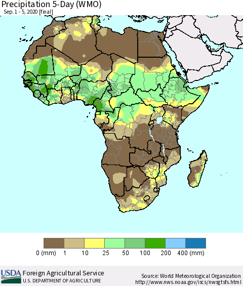 Africa Precipitation 5-Day (WMO) Thematic Map For 9/1/2020 - 9/5/2020