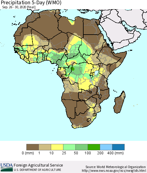 Africa Precipitation 5-Day (WMO) Thematic Map For 9/26/2020 - 9/30/2020