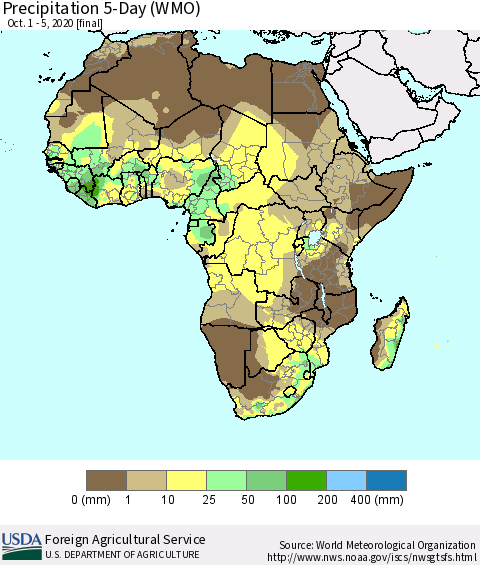 Africa Precipitation 5-Day (WMO) Thematic Map For 10/1/2020 - 10/5/2020