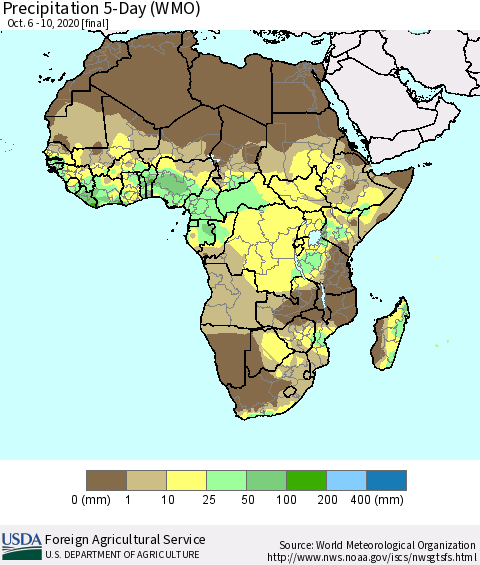 Africa Precipitation 5-Day (WMO) Thematic Map For 10/6/2020 - 10/10/2020