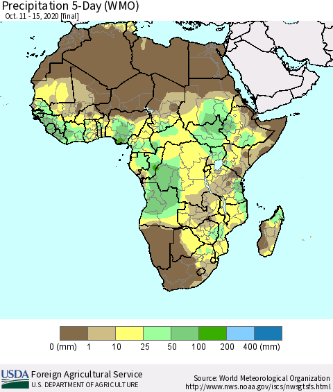 Africa Precipitation 5-Day (WMO) Thematic Map For 10/11/2020 - 10/15/2020