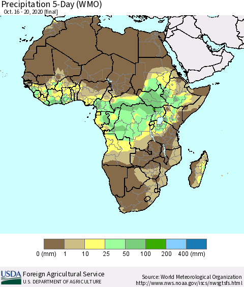 Africa Precipitation 5-Day (WMO) Thematic Map For 10/16/2020 - 10/20/2020