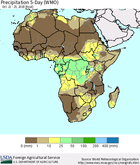 Africa Precipitation 5-Day (WMO) Thematic Map For 10/21/2020 - 10/25/2020