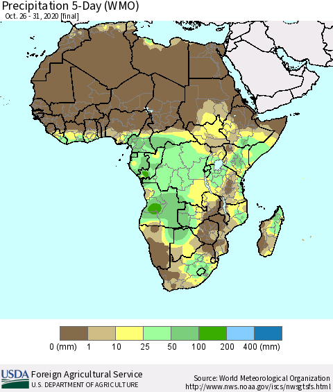 Africa Precipitation 5-Day (WMO) Thematic Map For 10/26/2020 - 10/31/2020
