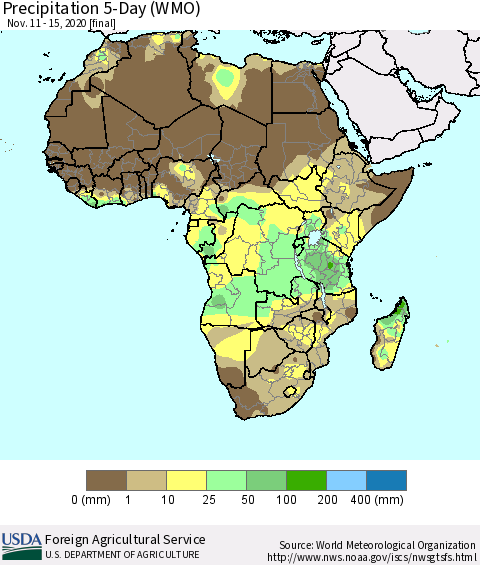 Africa Precipitation 5-Day (WMO) Thematic Map For 11/11/2020 - 11/15/2020