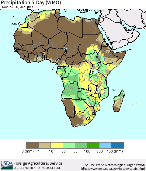 Africa Precipitation 5-Day (WMO) Thematic Map For 11/26/2020 - 11/30/2020