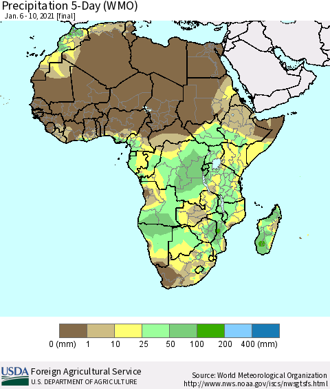 Africa Precipitation 5-Day (WMO) Thematic Map For 1/6/2021 - 1/10/2021