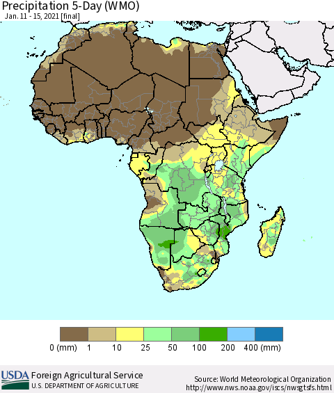 Africa Precipitation 5-Day (WMO) Thematic Map For 1/11/2021 - 1/15/2021