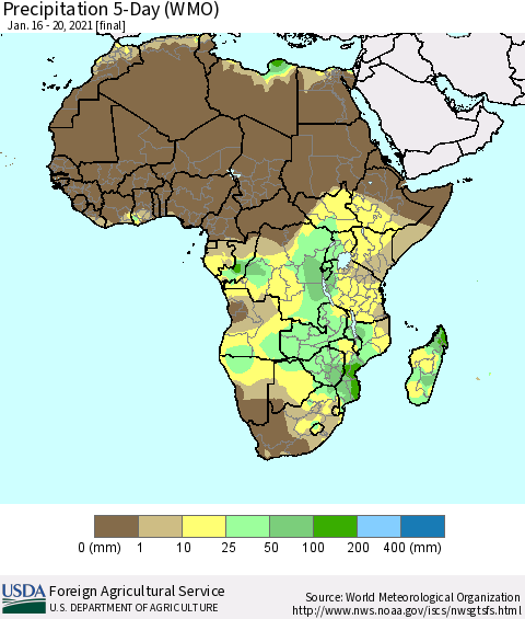 Africa Precipitation 5-Day (WMO) Thematic Map For 1/16/2021 - 1/20/2021