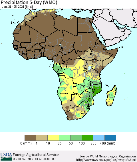 Africa Precipitation 5-Day (WMO) Thematic Map For 1/21/2021 - 1/25/2021