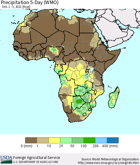 Africa Precipitation 5-Day (WMO) Thematic Map For 2/1/2021 - 2/5/2021